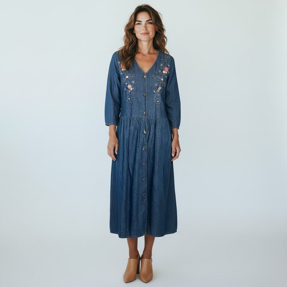 Vintage Green Field Womens M Denim Chambray Dress Rhinestone Floral Embroidery